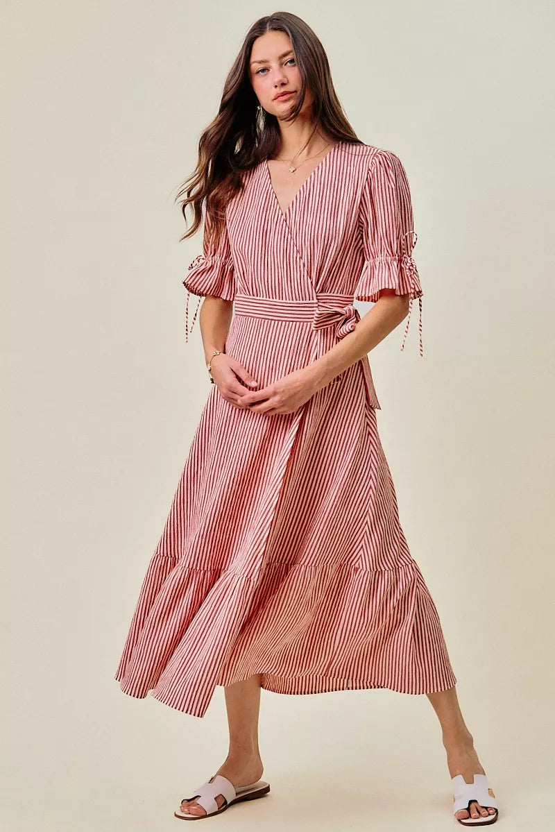 Red and white striped wrap midi dress with V-neck and tiered layered skirt