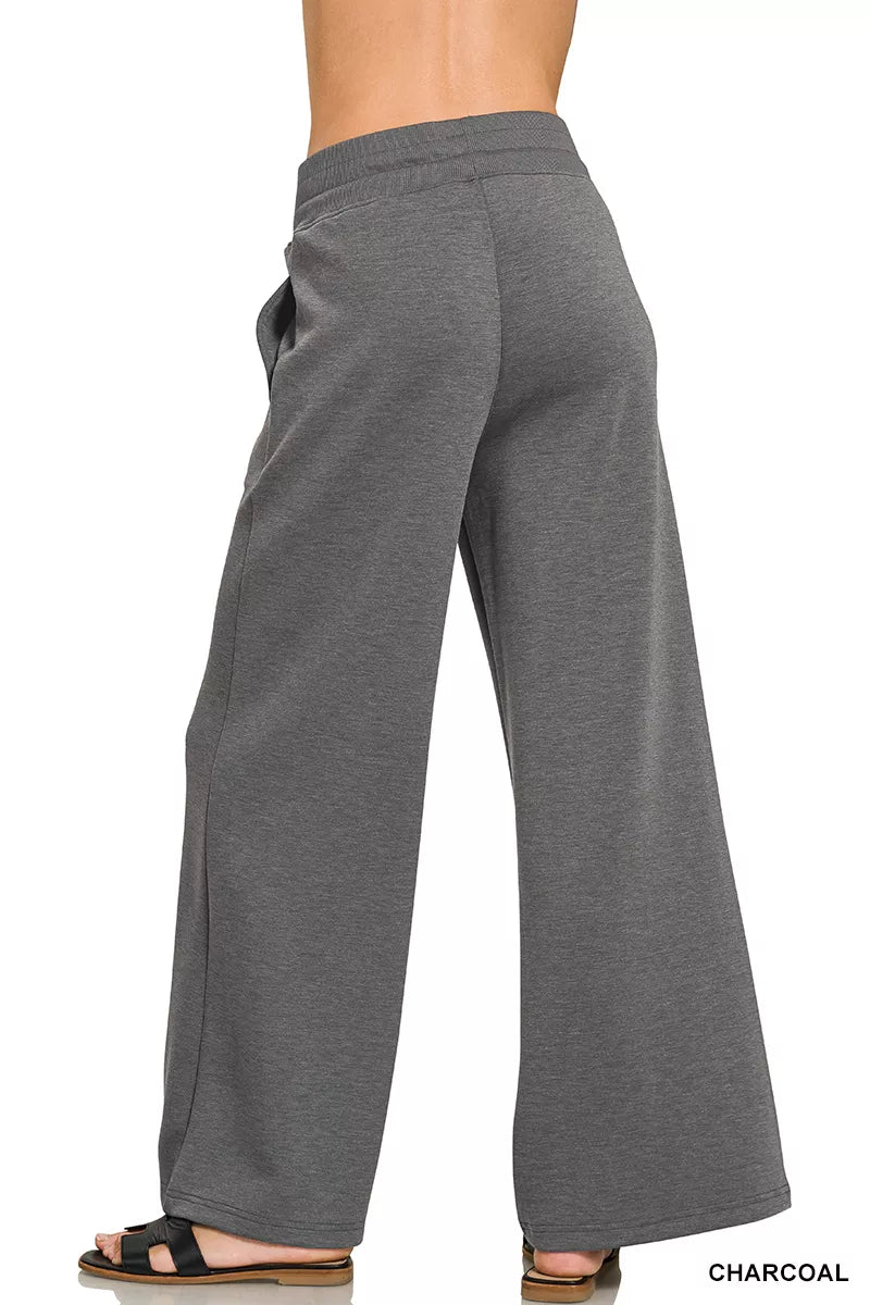 Charcoal wide-leg pants with drawstring waist and center seam