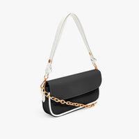 Black mini shoulder bag with white shoulder strap and gold chain-link detail