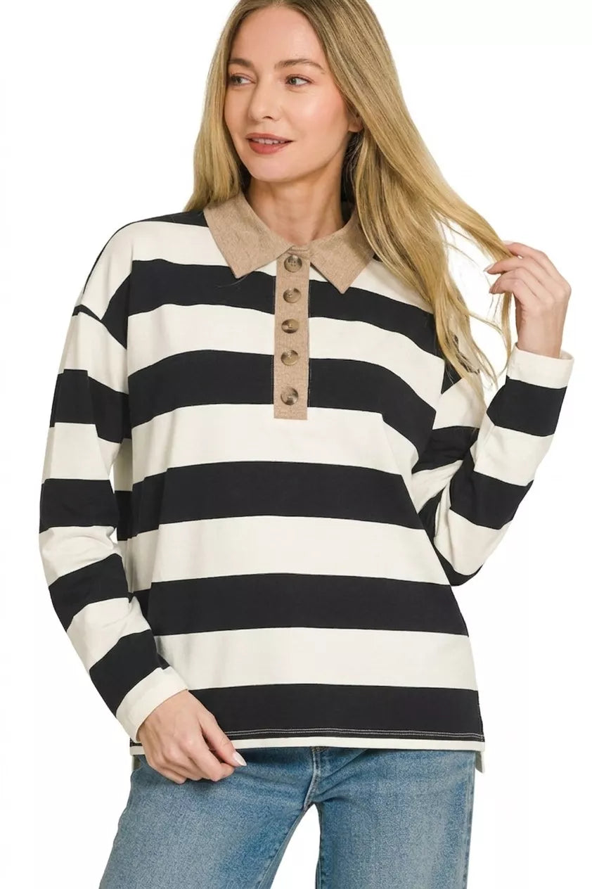 Striped long-sleeve polo tee with tan contrast collar, black-and-white stripes, buttons