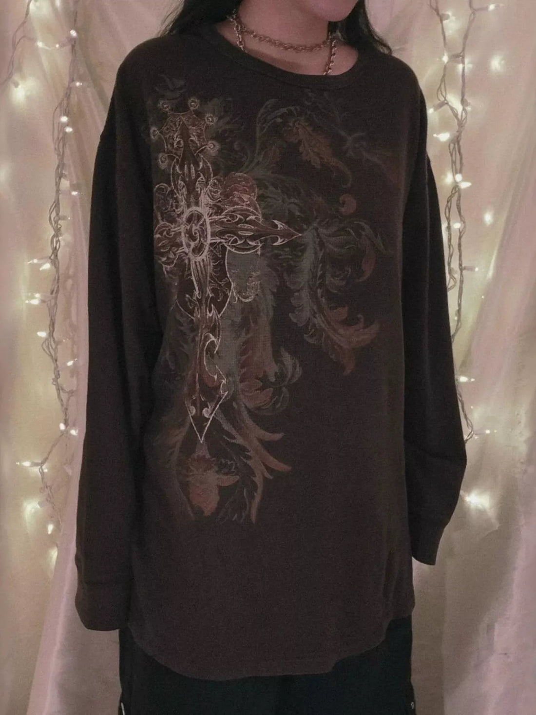 Black long sleeve t-shirt with large ornate gothic graphic on front