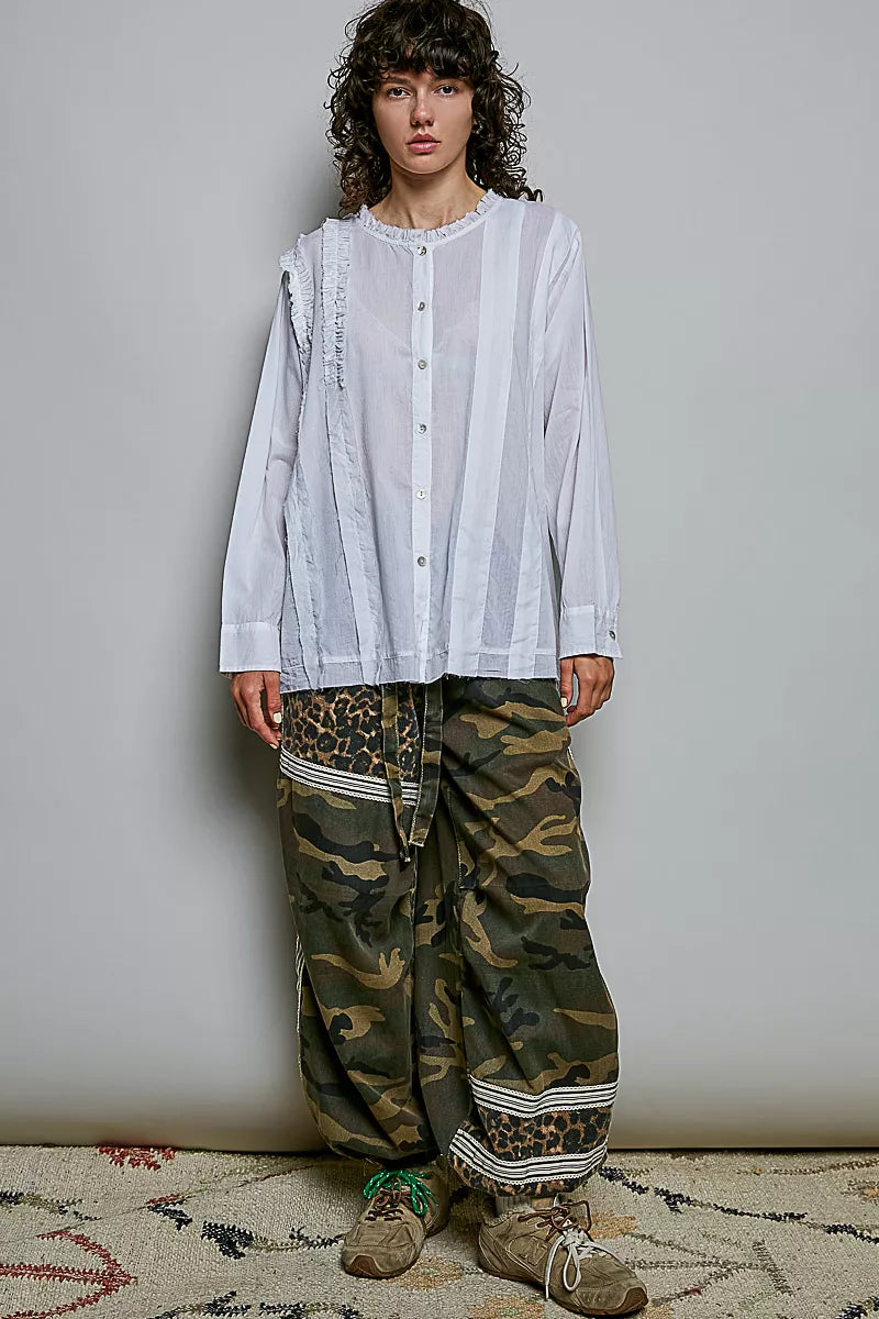 Ivory lightweight ruffle-trim woven shirt with round neck, button front, long sleeves