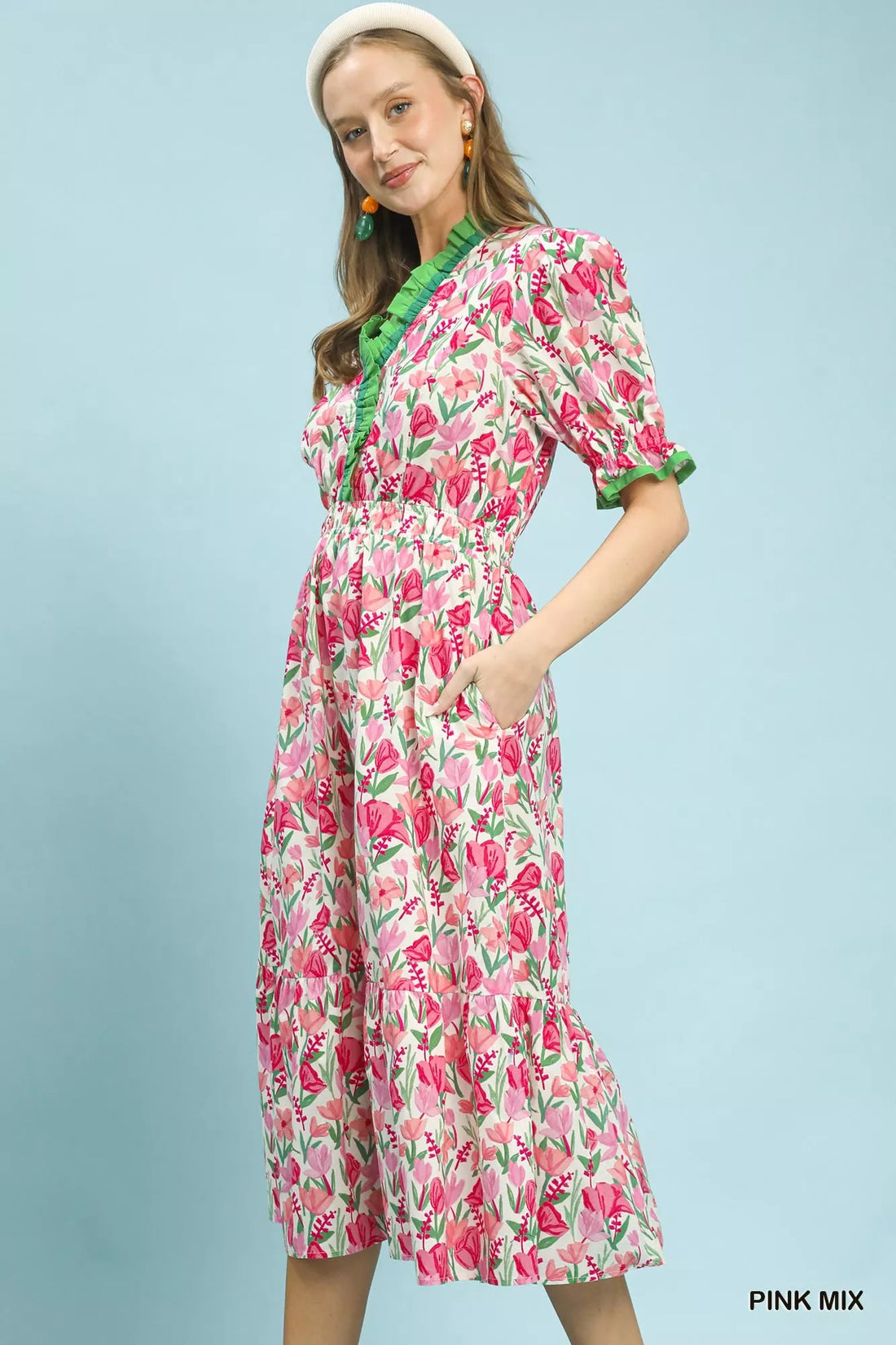 Floral tiered midi dress in pink mix with puff sleeves and green V-neck trim