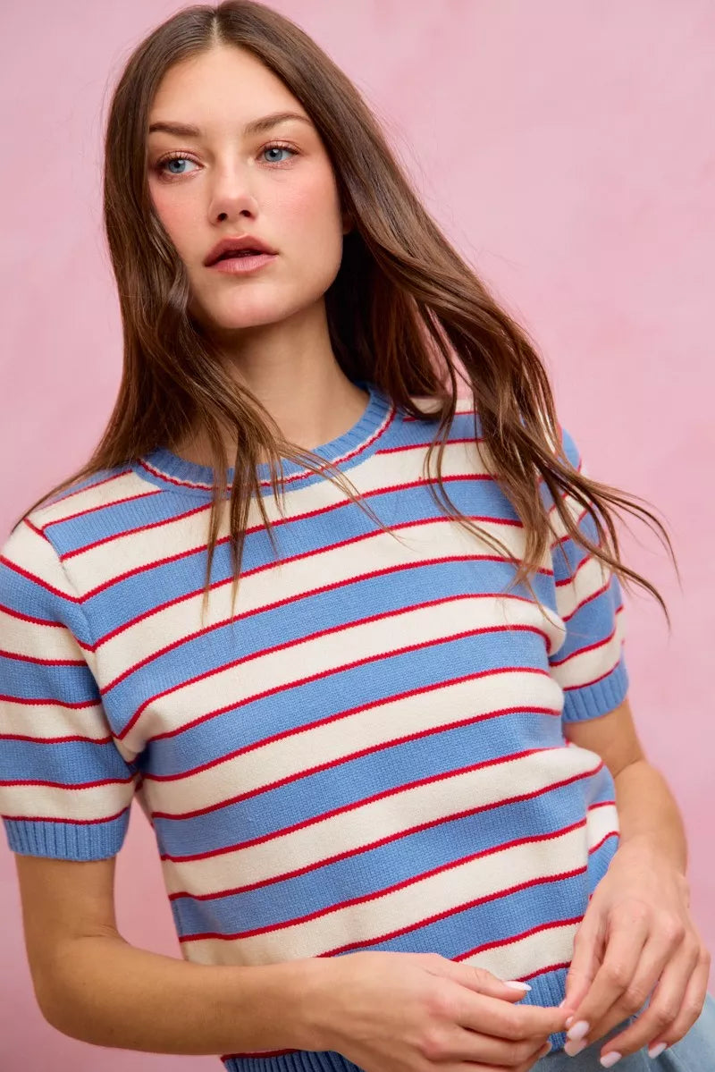 Close-up of striped knit crew neck short-sleeve sweater top; blue collar ribbing and stripes