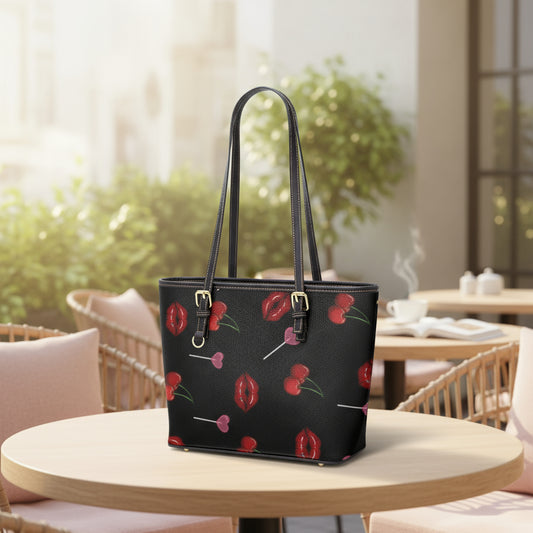 Leather Tote Bag, PU Personalized Cherry Lips Adjustable Straps, Waterproof for Travel, Large Handbag