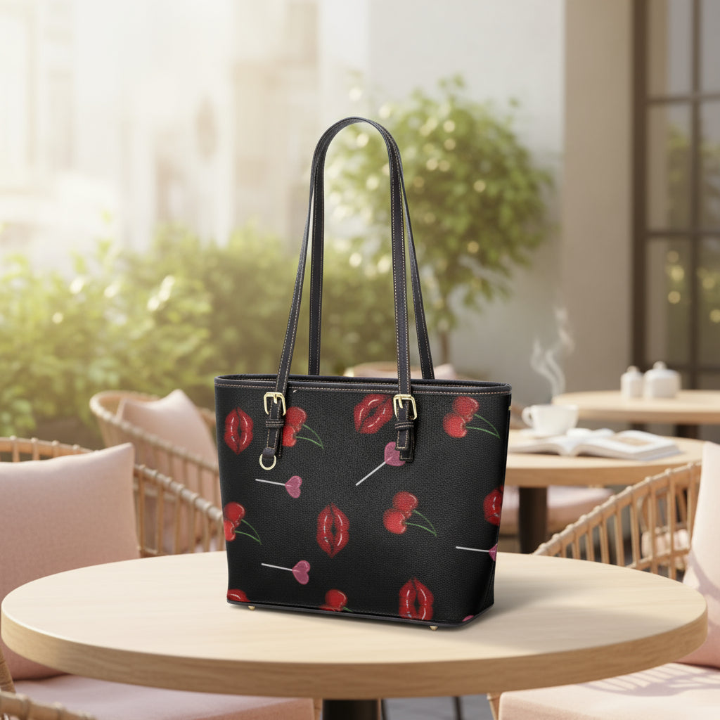 Vegan Leather Tote Bags | Personalized Black Cherry Lips Large Handbag