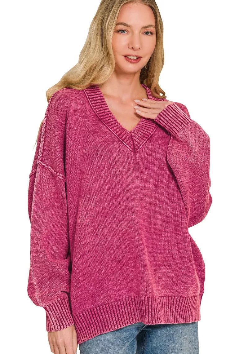 Washed deep V-neck oversized sweater in cabernet, long sleeves and ribbed cuffs