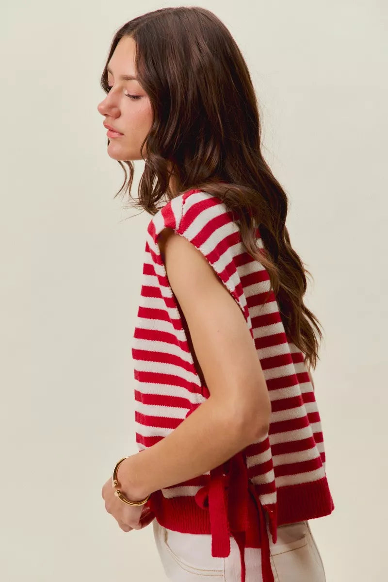 Red and ivory striped sleeveless vest top with side tie fringe and ribbed hem