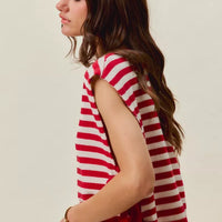 Red and ivory striped sleeveless vest top with side tie fringe and ribbed hem