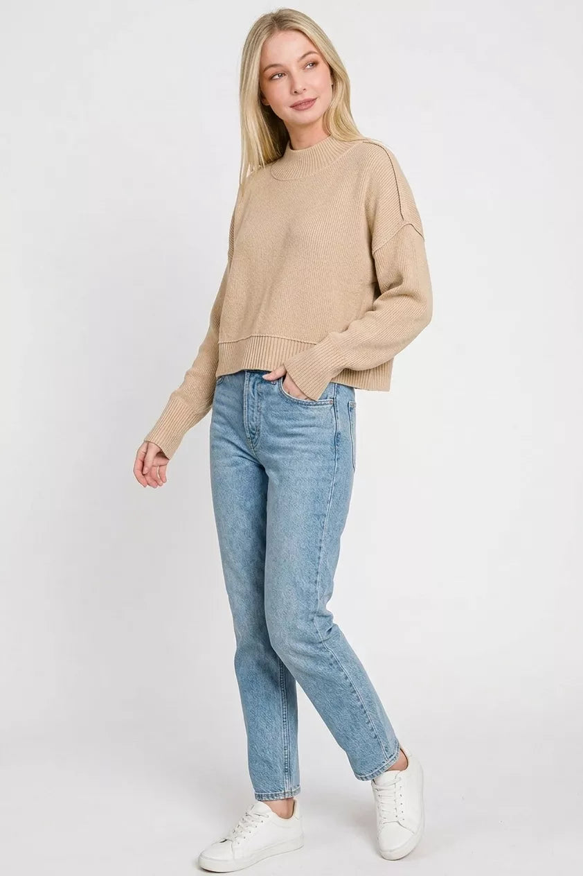 Light mocha oversized cropped sweater with ribbed hem and relaxed long sleeves