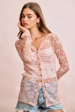 Dusty rose bow-pattern mesh cardigan top with shirred V-neck and long sleeves, buttons front