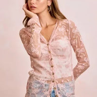 Dusty rose bow-pattern mesh cardigan top with shirred V-neck and long sleeves, buttons front