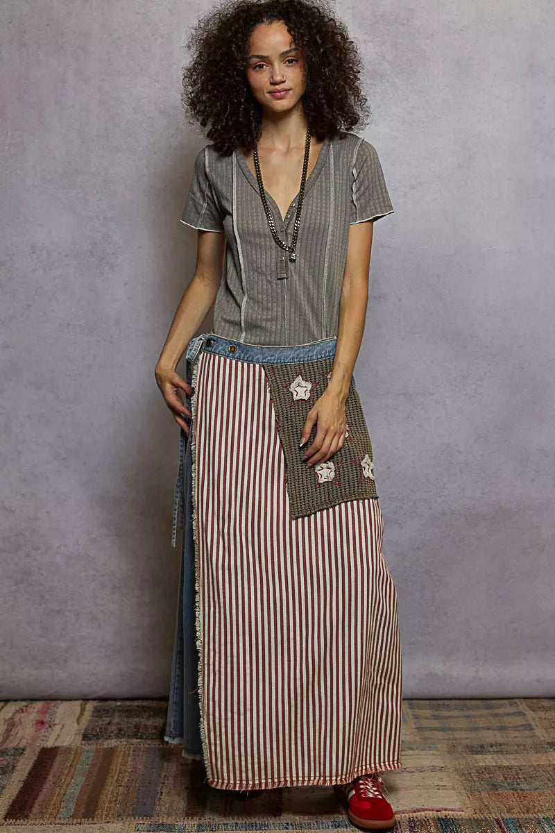 Grey pinstripe short sleeve top with V-neck and stitch seam detail, front view