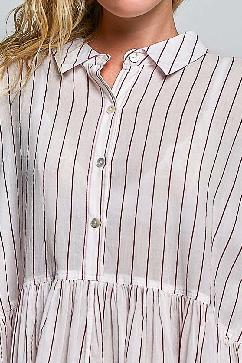 Striped shirt dress neckline with collar, button placket, and gathered skirt panel