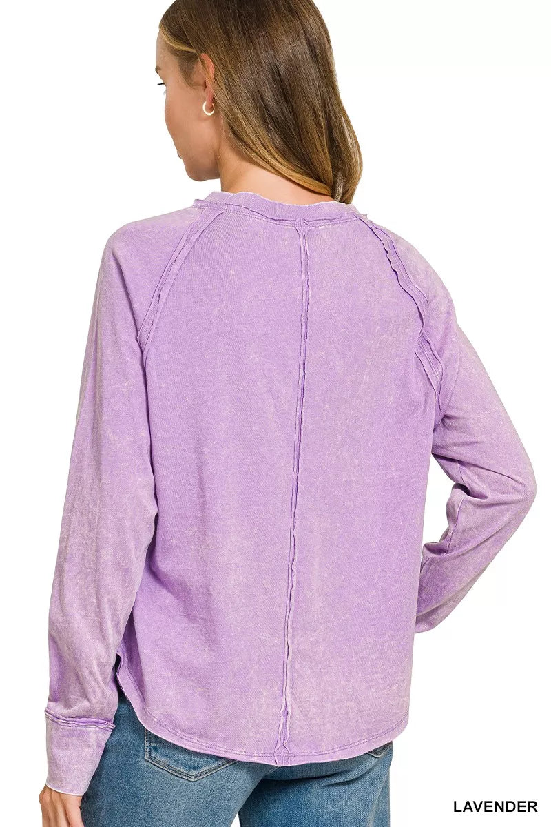 Lavender washed long-sleeve top with round neck and center back seam
