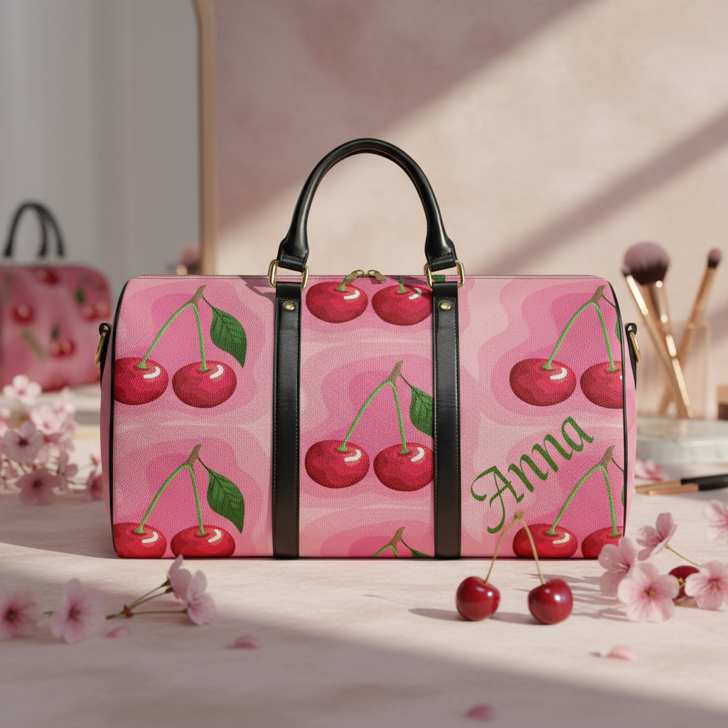 Pink Leather Duffle Bag | Personalized Cherry Weekender