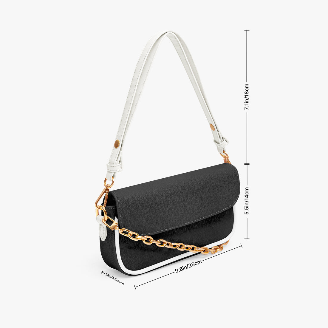 Black mini shoulder bag with white strap and gold chain-link shoulder carry