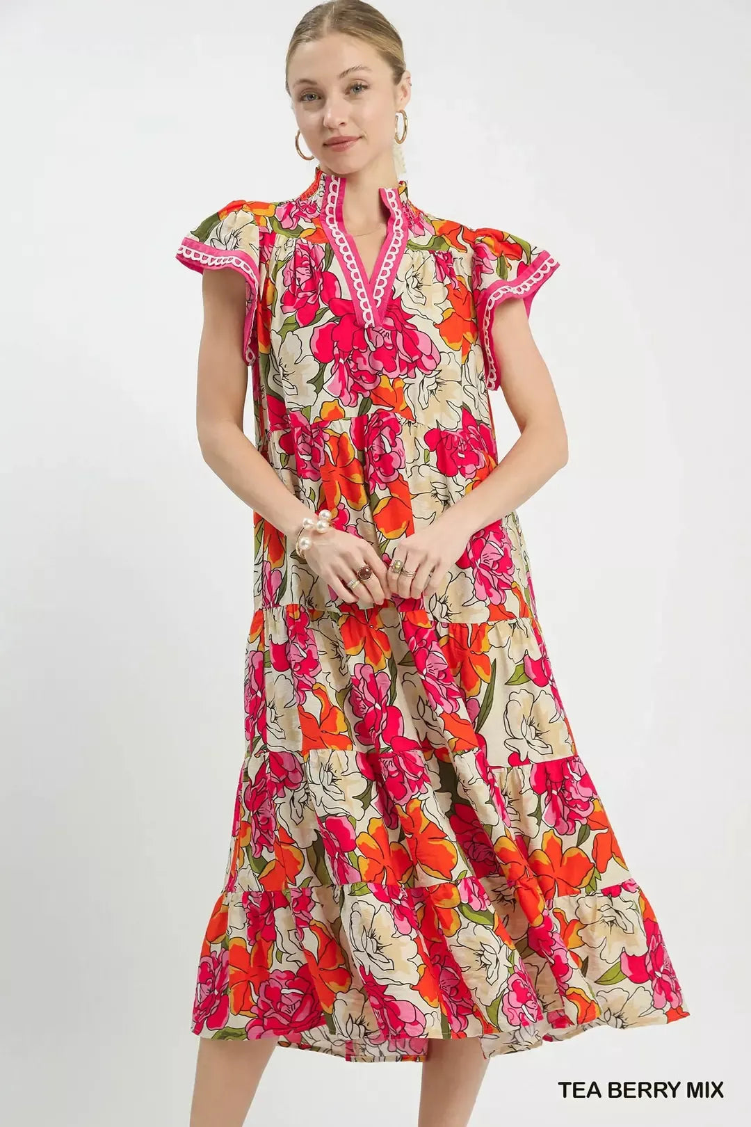 Floral tiered midi dress with cap sleeves and V-neck, tea berry mix colors
