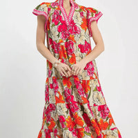 Floral tiered midi dress with cap sleeves and V-neck, tea berry mix colors