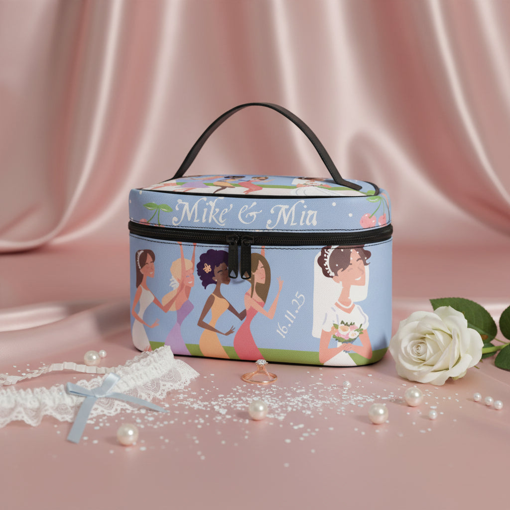 Bridesmaid Gift Makeup Bag, Custom Blue Bride Cosmetic Case, Wedding Shower Idea PU Leather