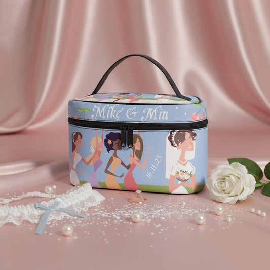 Bridesmaid Gift Makeup Bag, Custom Blue Bride Cosmetic Case, Wedding Shower Idea PU Leather