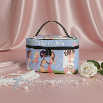 Bridesmaid Gift Makeup Bag, Custom Blue Bride Cosmetic Case, Wedding Shower Idea PU Leather