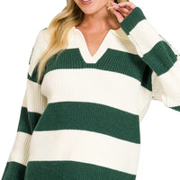 Striped collared sweater, hunter green and ivory, V-neck ribbed cuffs