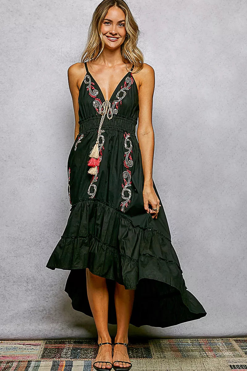 Black embroidered cami midi dress with tassel tie, smocked waist, tiered skirt