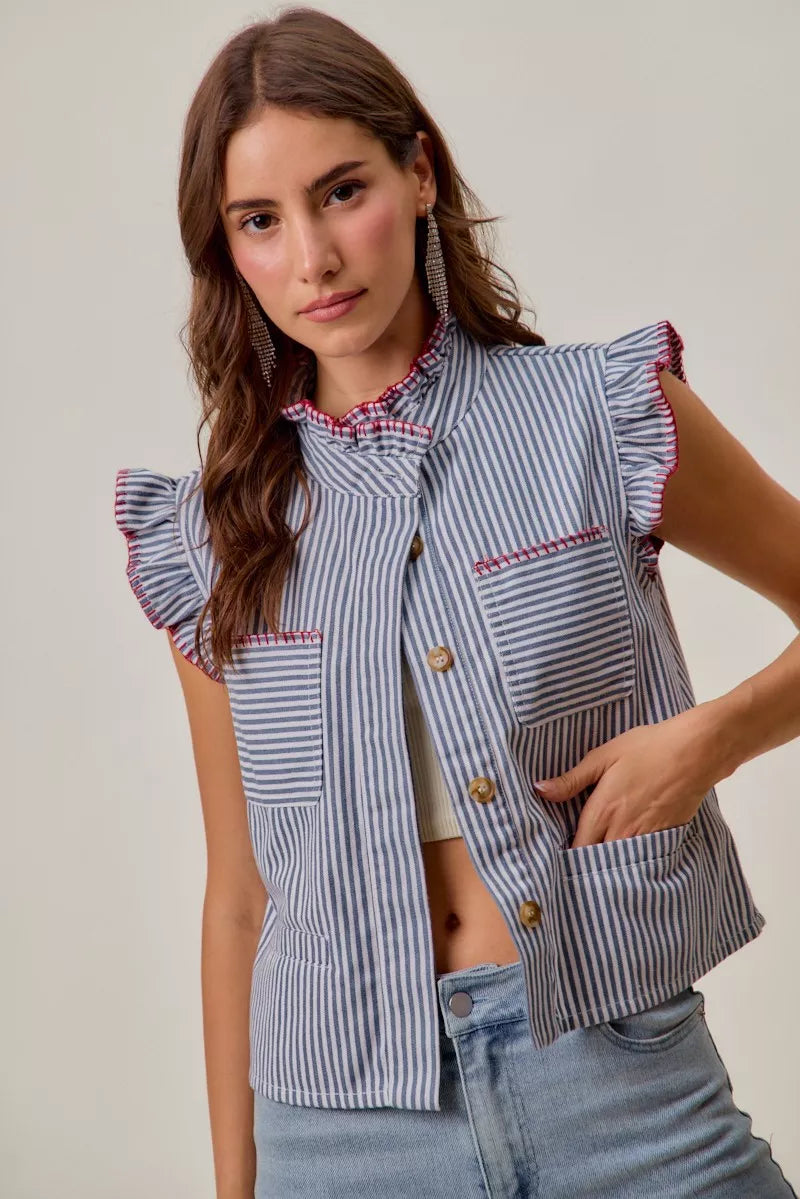 Ruffled sleeveless vest top with blue-and-white stripes, red trim, chest pockets, hidden buttons