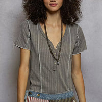 Grey pinstripe V-neck short sleeve top with stitch seam detail and button placket
