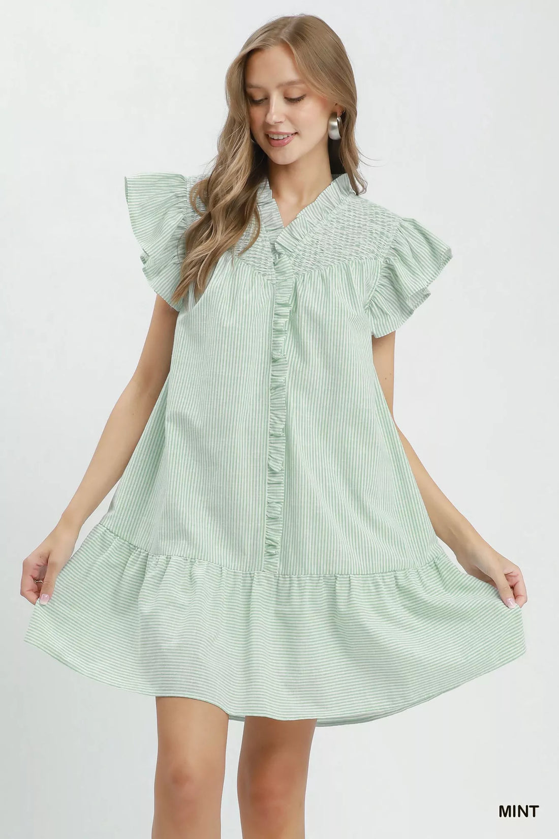 Mint striped smocked yoke ruffle dress with tiered skirt and flutter sleeves
