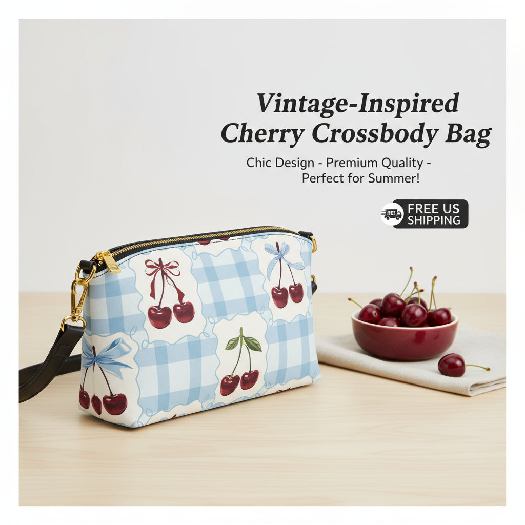 Cross Body Purse, Personalized Cherry Gingham Crossbody Dual Strap PU Leather, Custom Shoulder Bag