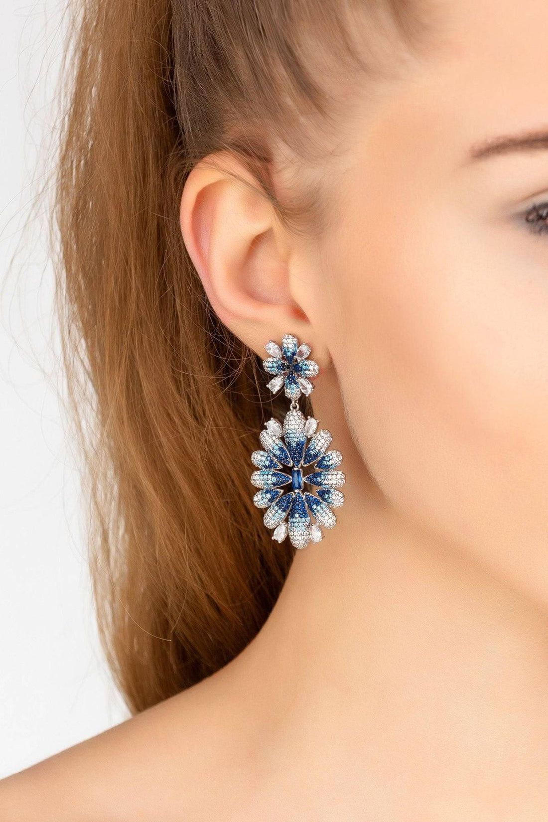 Babylon Ice Blue Gradient Flower Drop Earrings Silver-1