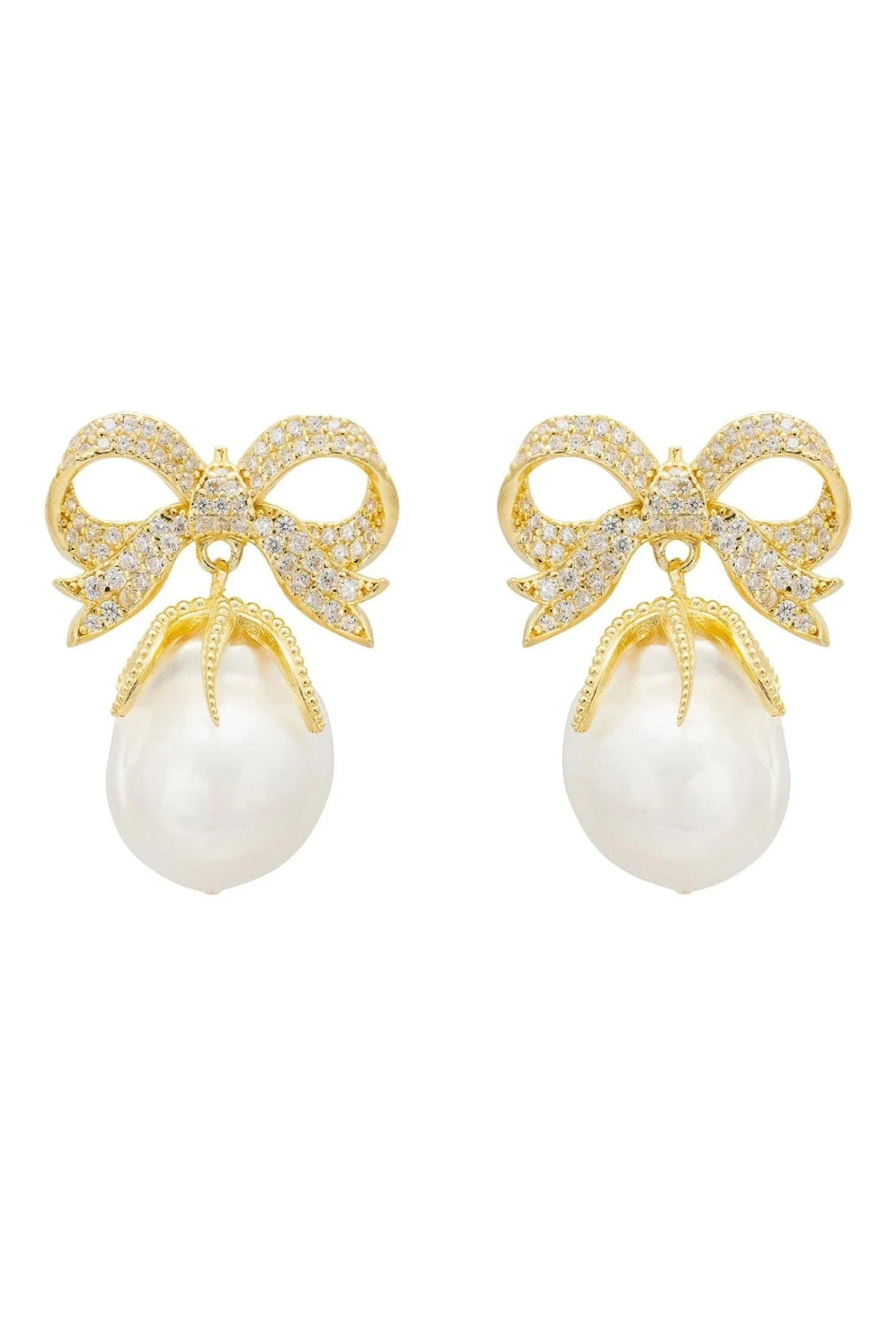 Gold drop earrings with jeweled ribbon bows and white pearl dangle