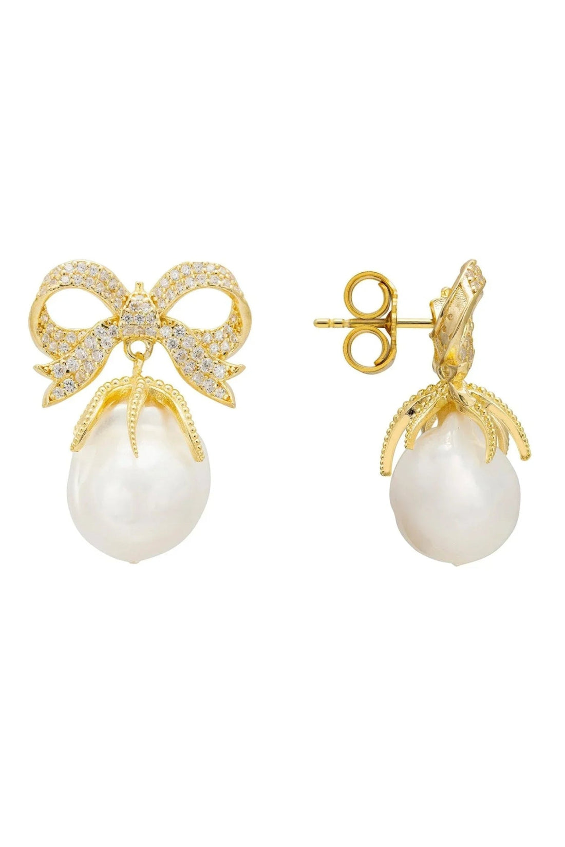Gold drop earrings shown front and back, ribbon bow with white pearl
