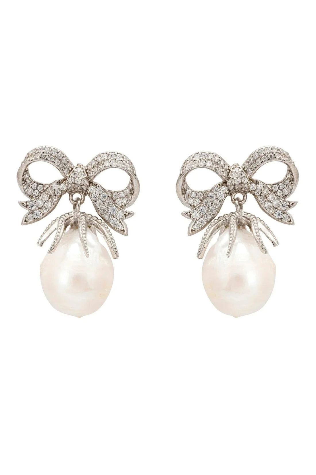 Silver pearl drop earrings with bow ribbon motif, crystal bow tops, and pearl dangle