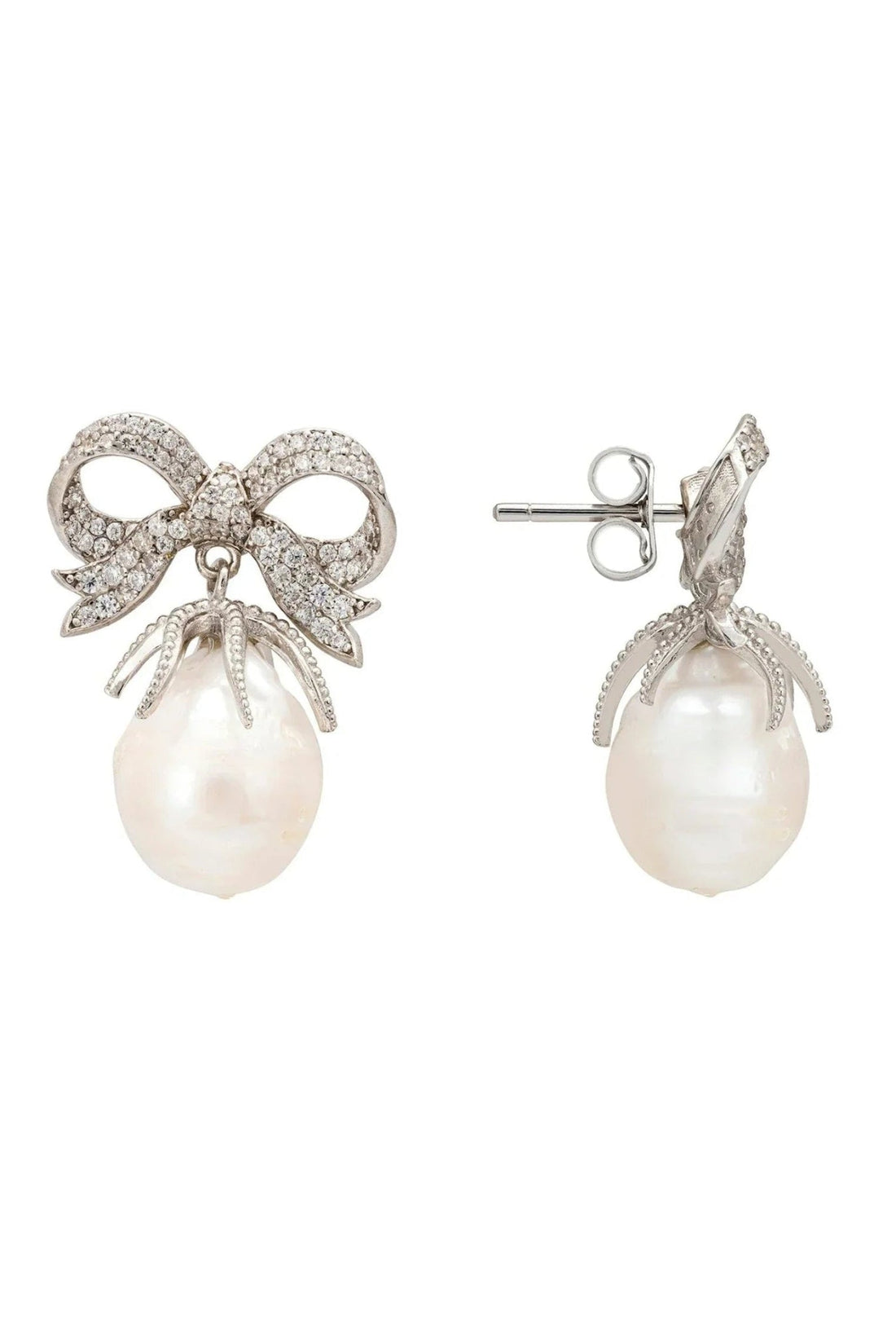 Silver bow ribbon pearl drop earrings, dangle pearls with visible backing hardware