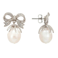Silver bow ribbon pearl drop earrings, dangle pearls with visible backing hardware