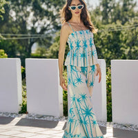 Women’s blue palm-print smocked cami top with adjustable straps and tiered hem