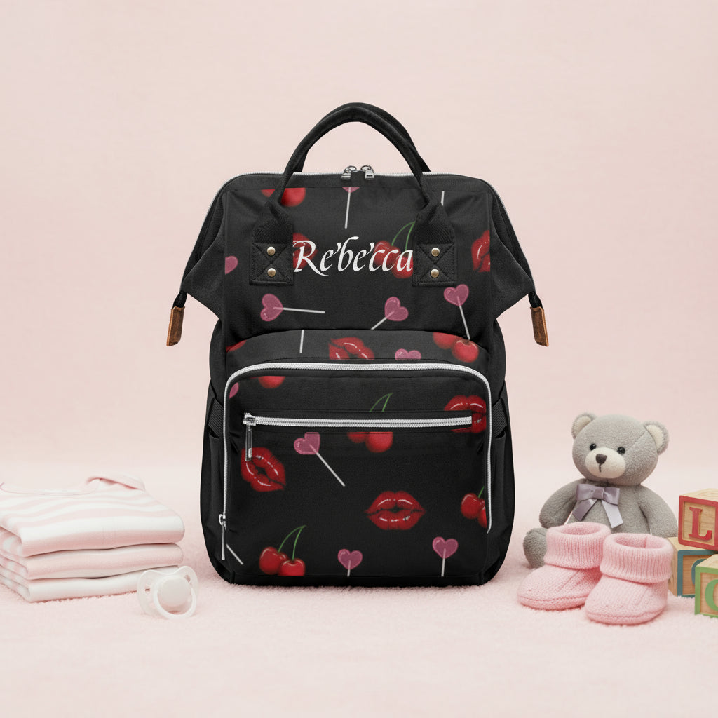 Custom Diaper Bag, Personalized Baby Diaper Backpack, Cherry Lips Print, Gift for New Mom