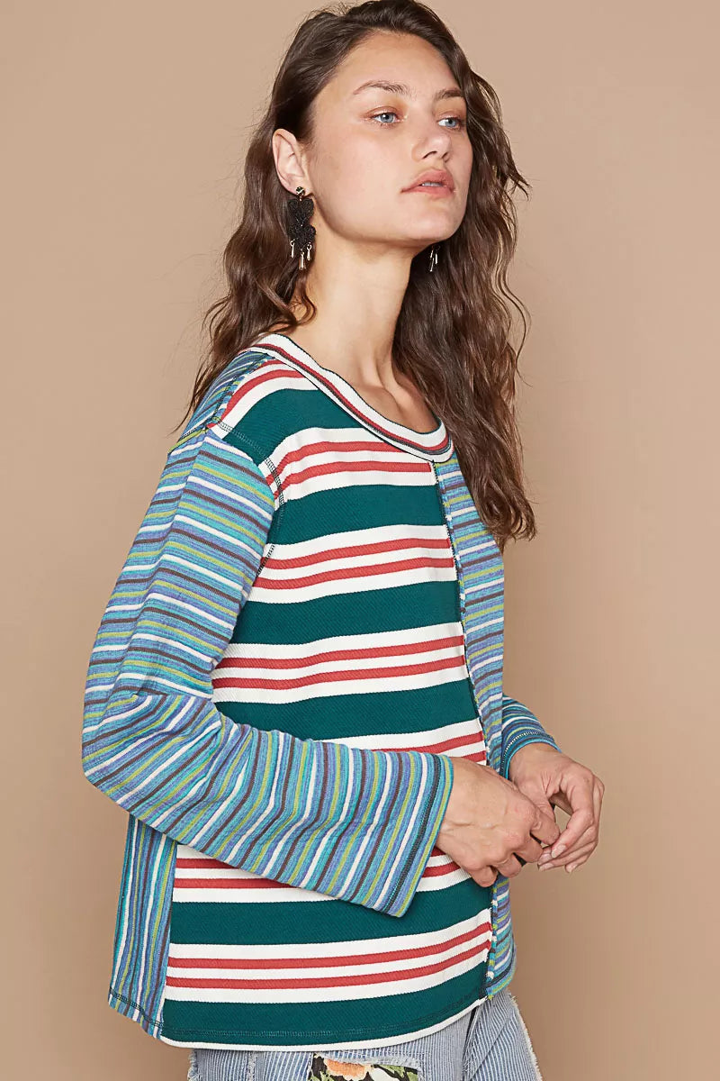 Striped long-sleeve round neck t-shirt, blue and green color-block panels