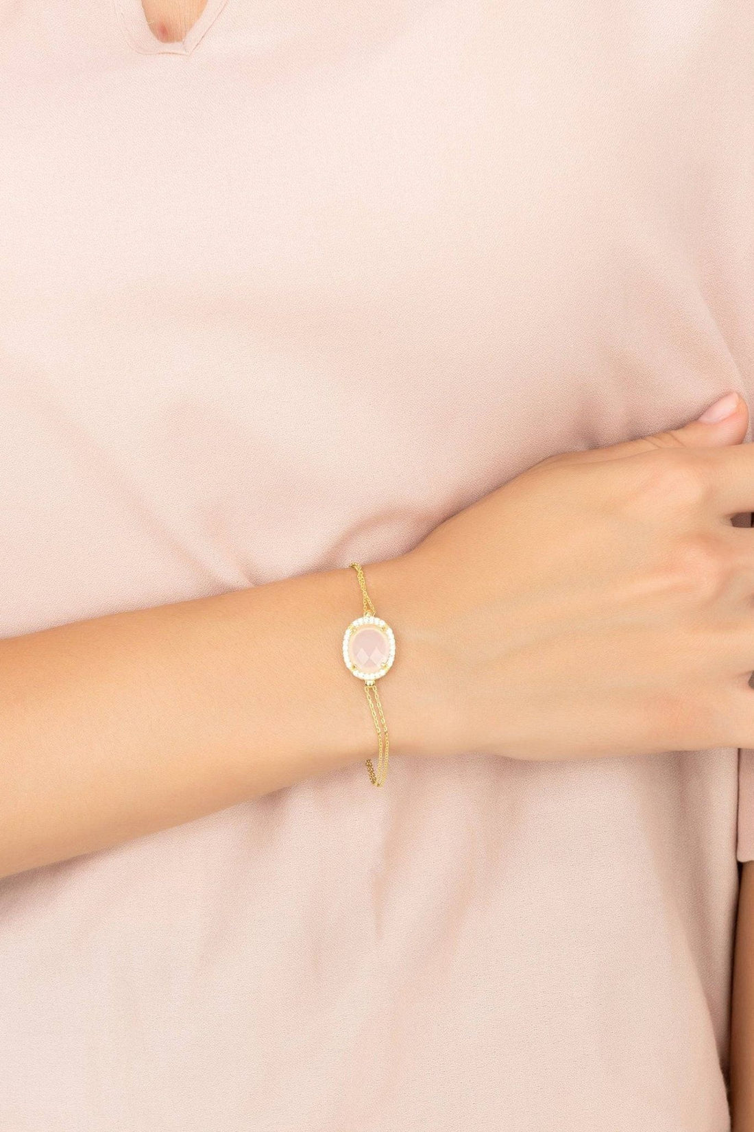 Beatrice Oval Gemstone Bracelet Gold Rose Quartz-1