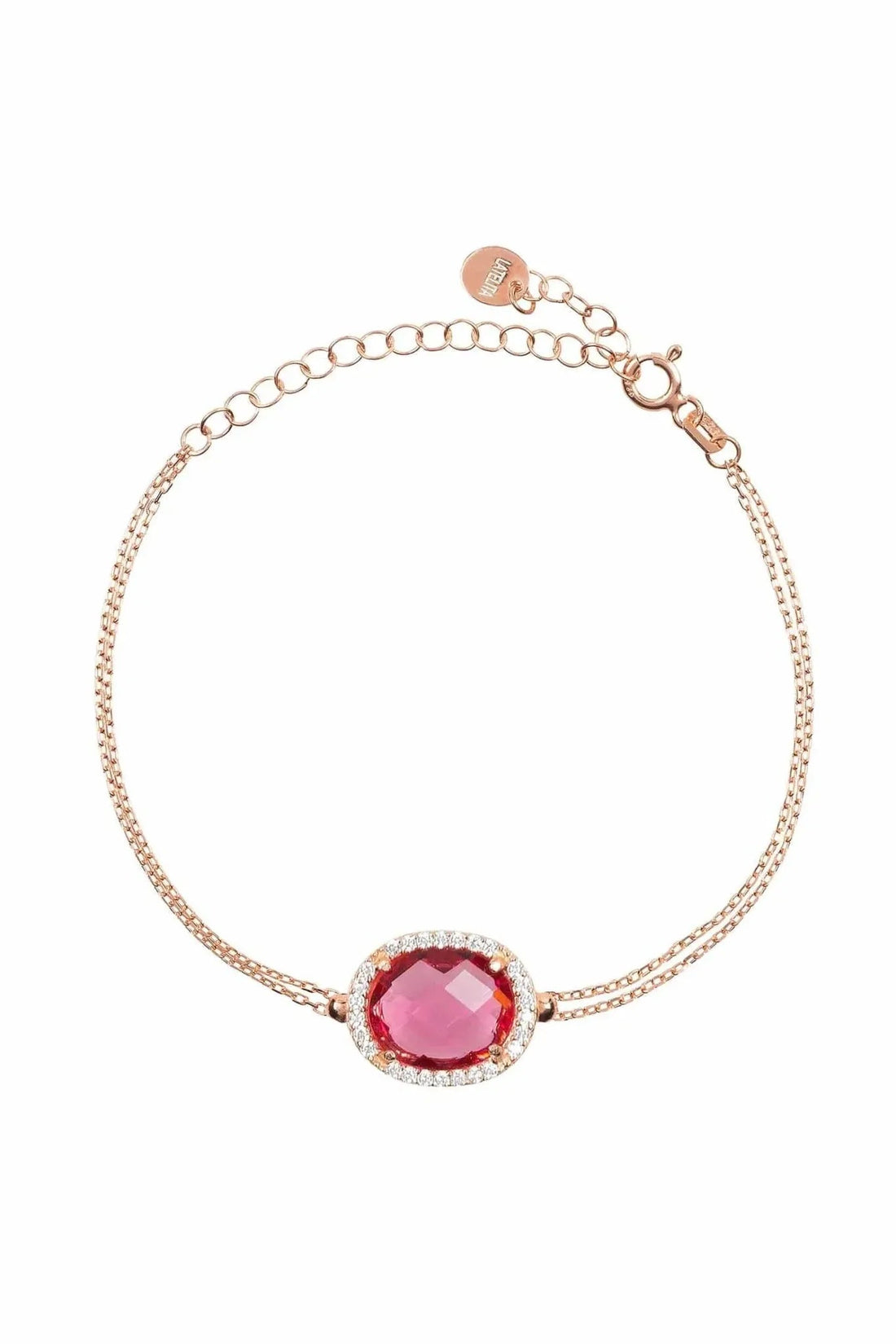 Rose gold oval gemstone bracelet with pink center gem and halo setting