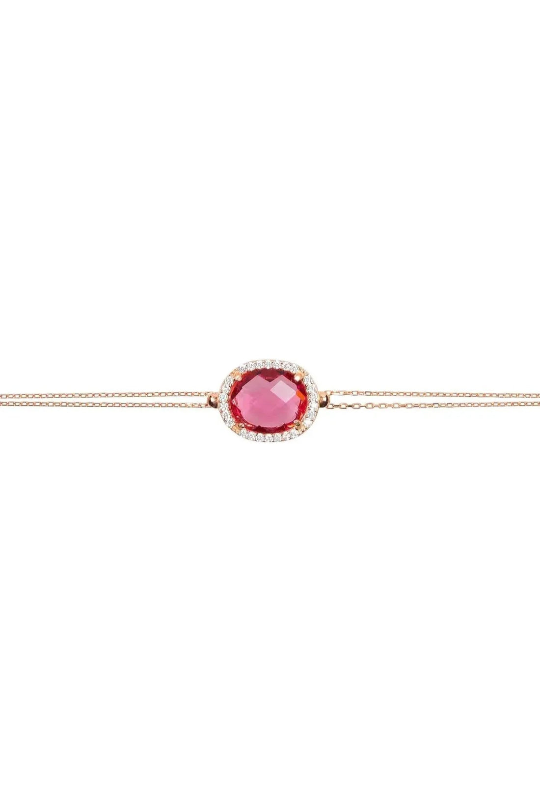Rose gold bracelet featuring an oval pink gemstone center on a slim chain