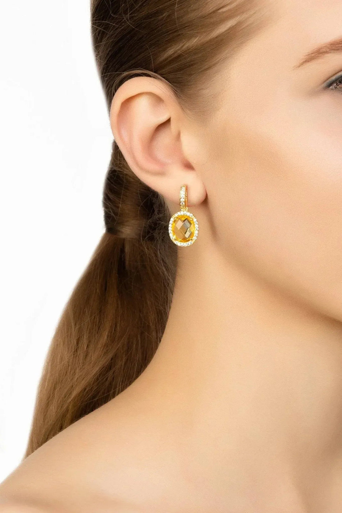 Beatrice Oval Gemstone Drop Earrings Gold Citrine Hydro-1