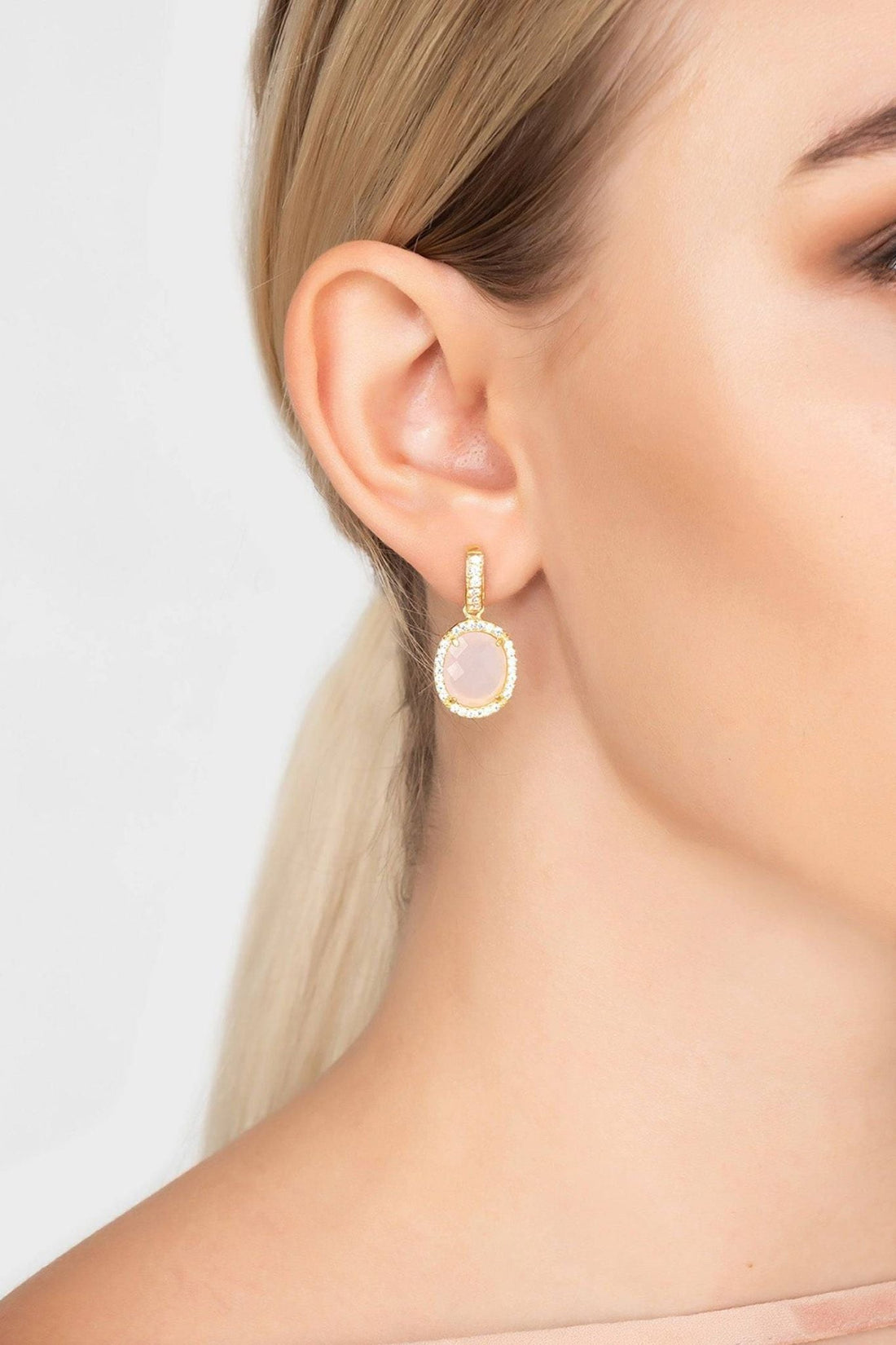 Beatrice Oval Gemstone Drop Earrings Gold Rose Quartz-2