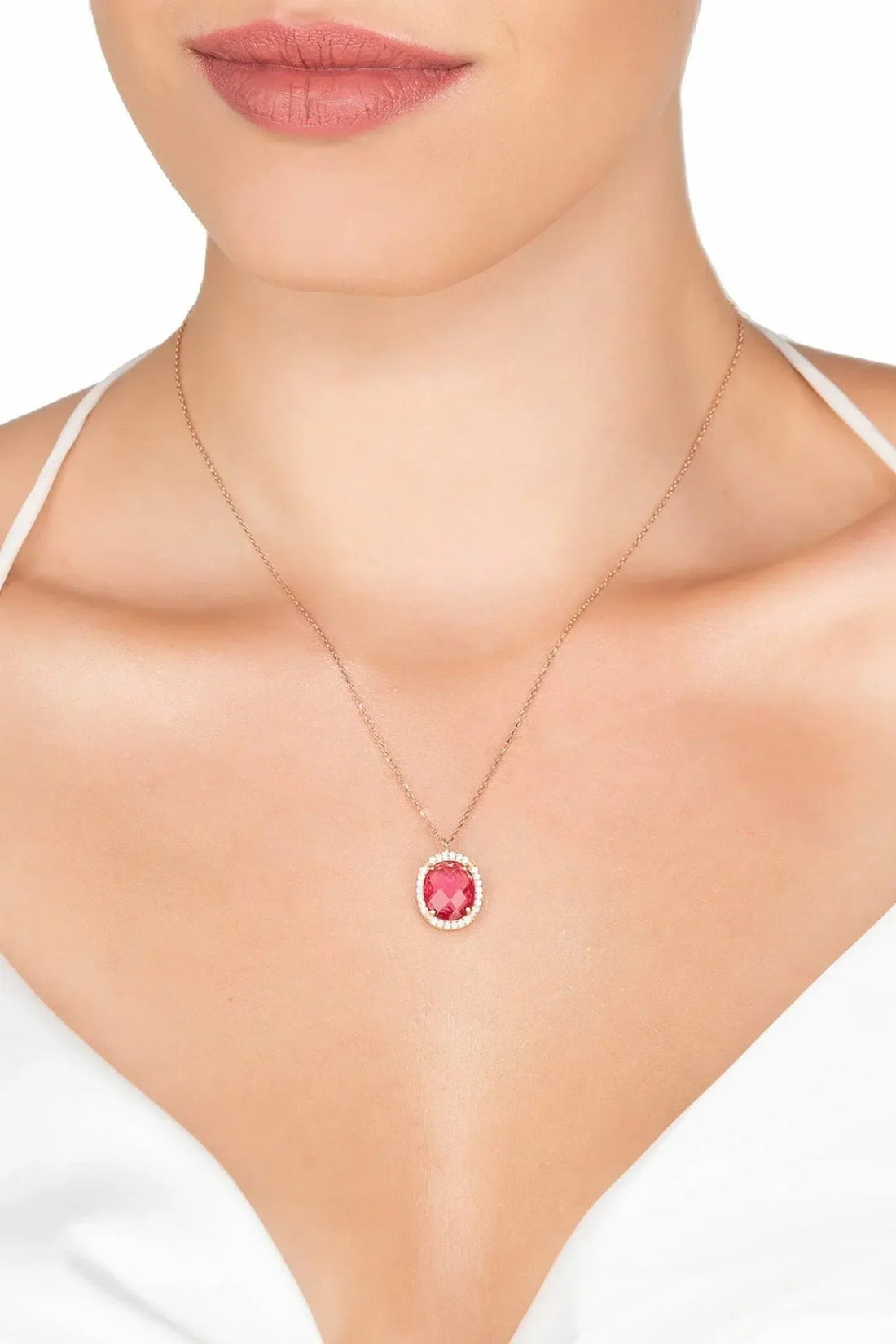 Beatrice Oval Gemstone Pendant Necklace Rose Gold Pink Tourmaline-1
