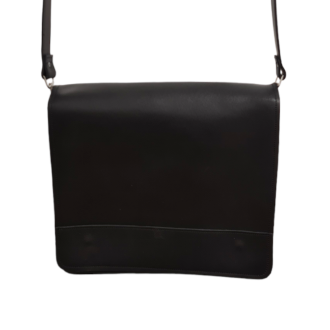 Black leather messenger bag with flap and adjustable shoulder strap