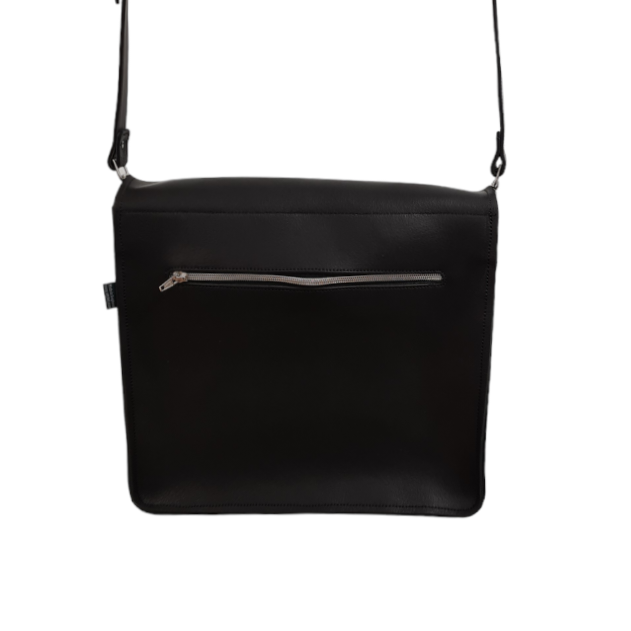 Black leather messenger bag with front zipper pocket and shoulder strap