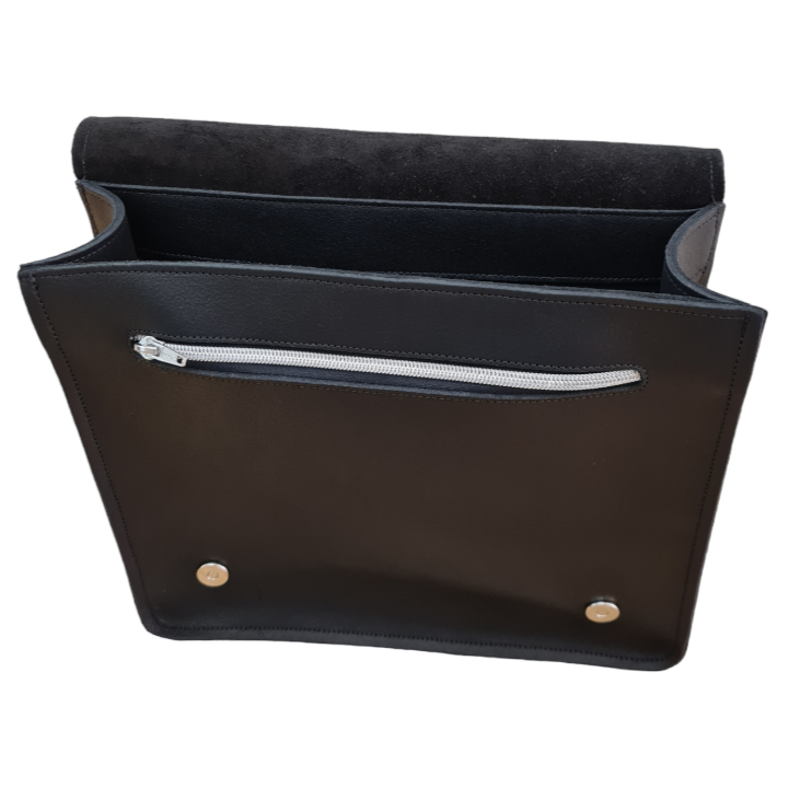 Black leather messenger bag interior with zipper pocket and snap button closure